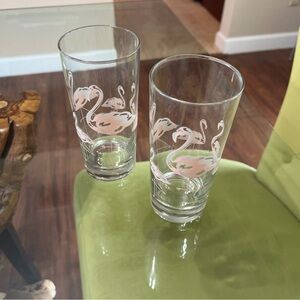 Vintage (2) Pink Flamingo Highball Cocktail Party Glasses 6 1/4” tall